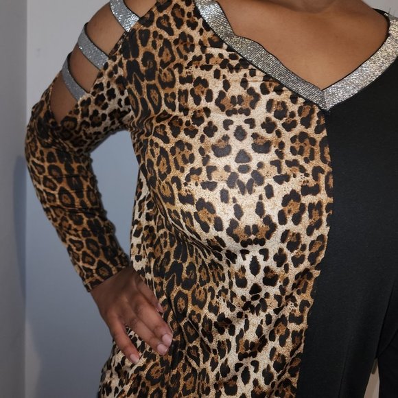 OC Order Plus Large open shoulder black & cheetah print Shirt Blouse NWT - Picture 2 of 14
